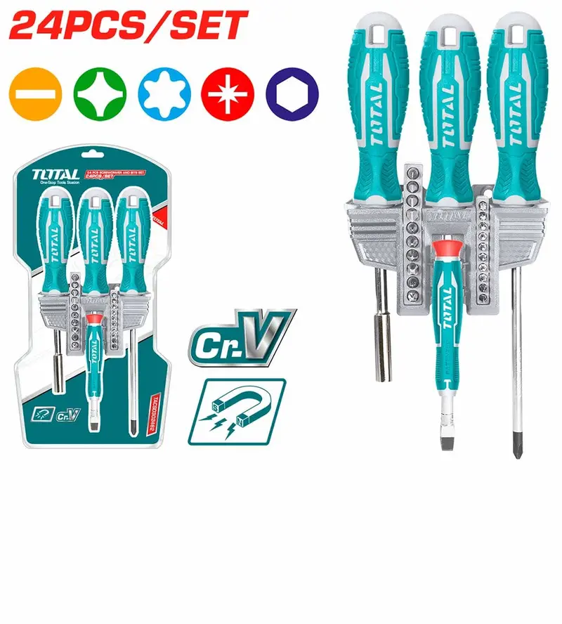 Total 24 Pcs Screwdriver & Bits Set - Tacsd302462 1