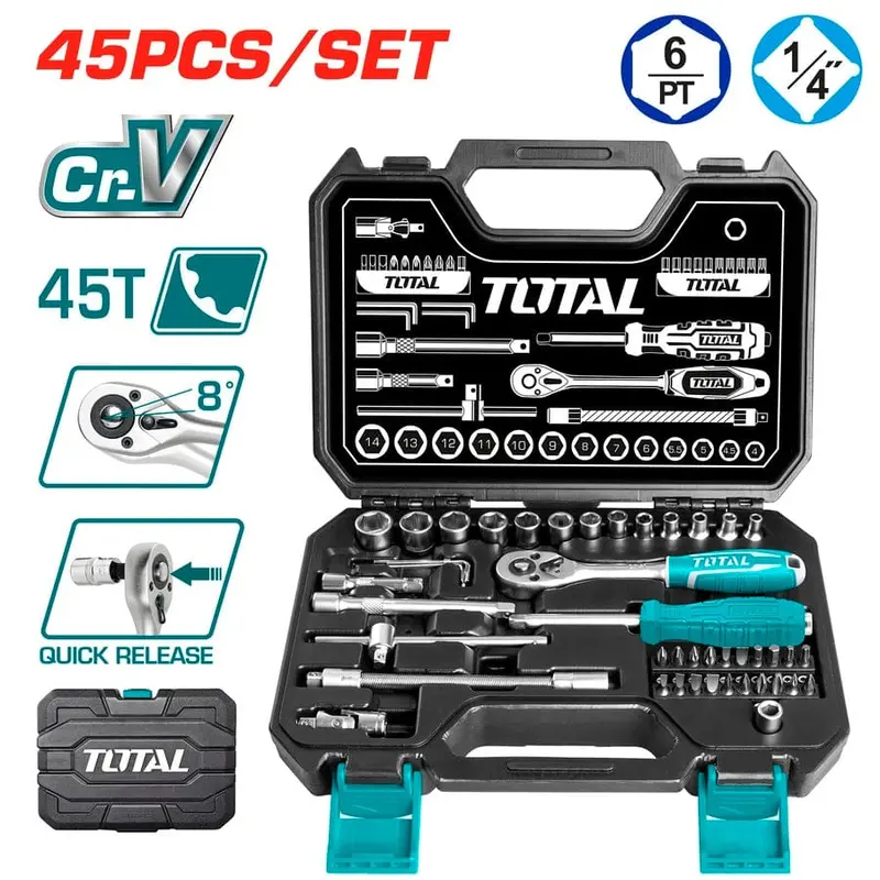 Total 45 Piece 1/4″ Inch Socket Tool Set -Tht141451 1