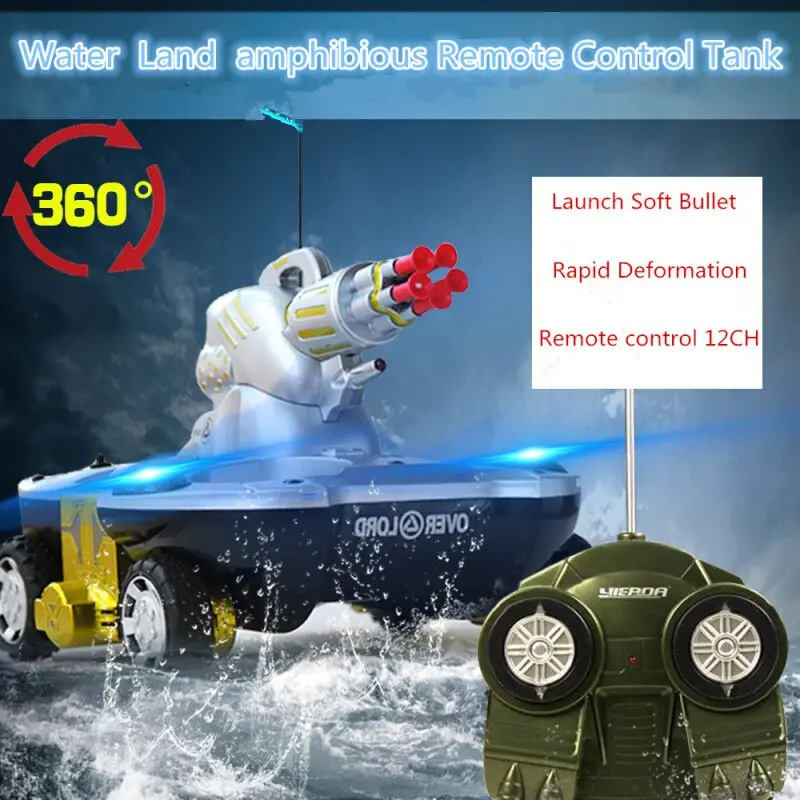 Water Land Amphibious Remote Control Tank Ship Charging Launch Target Folding Crawling 360° Rotation Flashing Light 1