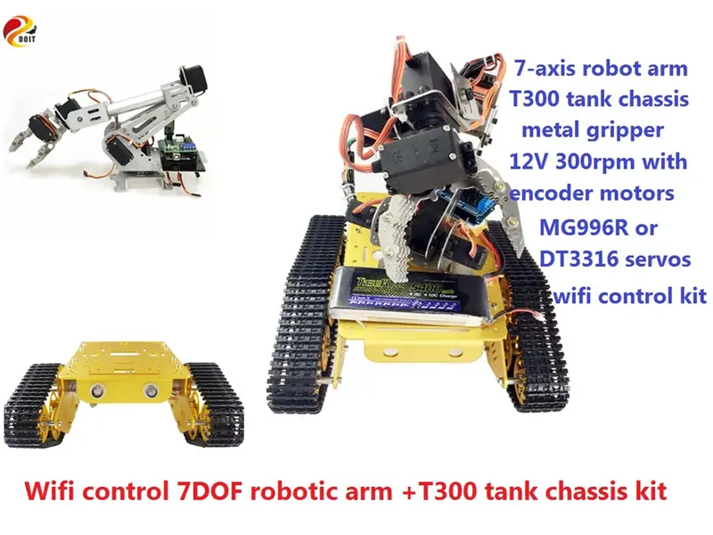 Wifi Control 7Dof Metal Vehicle Robot 7-Axis Robotic Arm With Gripper+T300 Smart Tank Chassis Kit Motors Servos Educational Diy 1