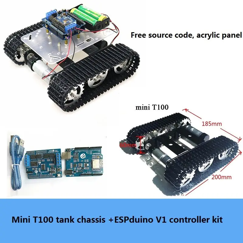 Wifi Wireless Control Mini T100 Metal Rc Robot Tank Chassis Kit + Espduino V1 Controller Kit High Torque Motor Diy For Arduino 1