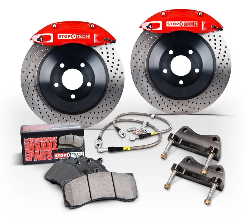 Stoptech Big Brake Kit – Silver Calipers & Drilled One-Piece Front Rotors 1