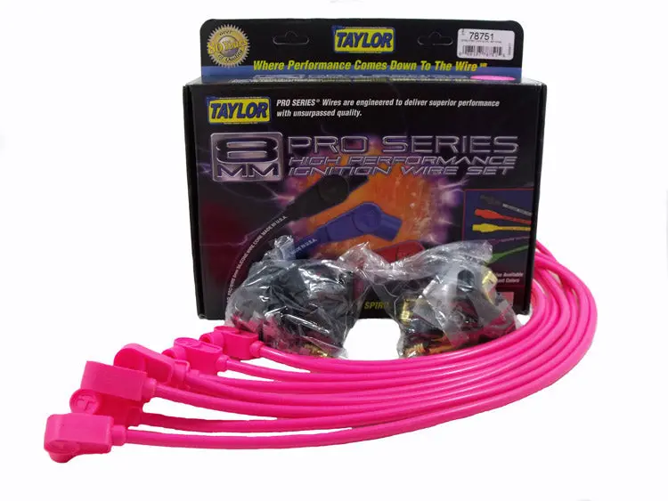 Taylor Cable 78751 8Mm Spiro-Pro Ignition Wire Set – Universal 8-Cylinder, Hot Pink, 90° Boots 1